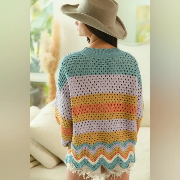 BiBi Crochet Vintage Granny Openwork Knit Long Sleeve Top Wavy Pullover Shirt