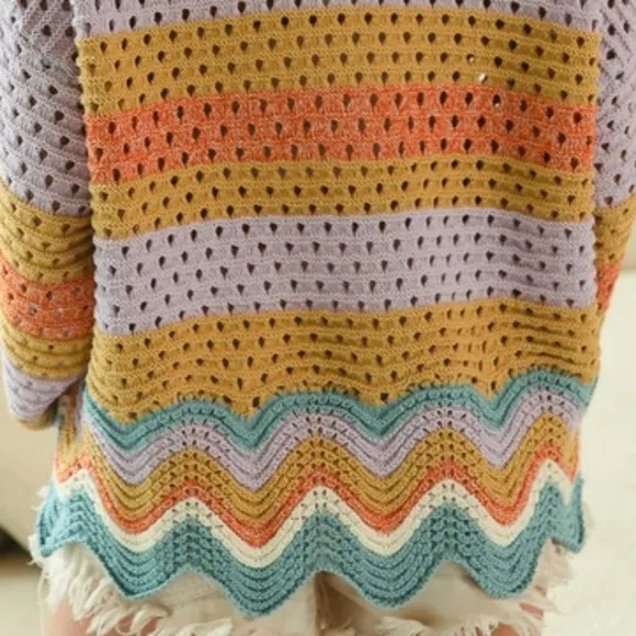 BiBi Crochet Vintage Granny Openwork Knit Long Sleeve Top Wavy Pullover Shirt