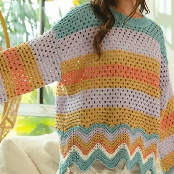 BiBi Crochet Vintage Granny Openwork Knit Long Sleeve Top Wavy Pullover Shirt