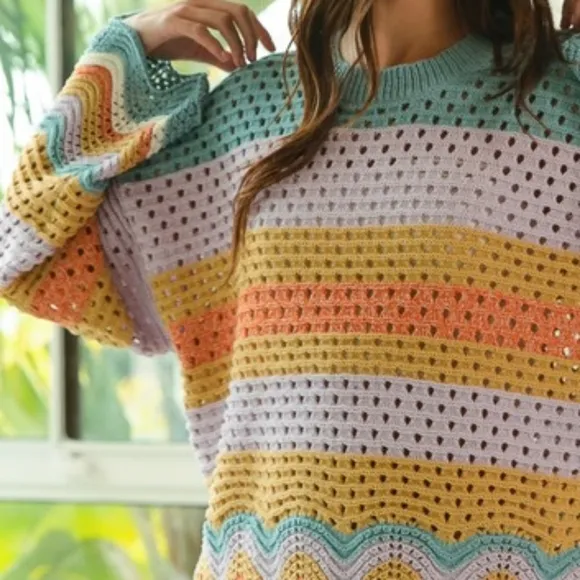BiBi Crochet Vintage Granny Openwork Knit Long Sleeve Top Wavy Pullover Shirt