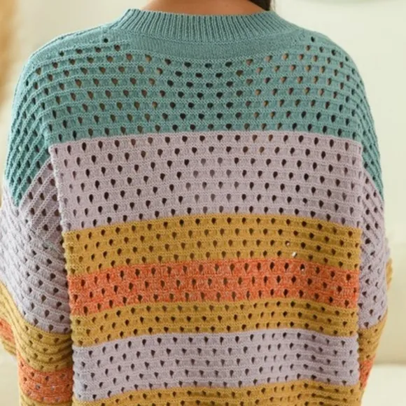 BiBi Crochet Vintage Granny Openwork Knit Long Sleeve Top Wavy Pullover Shirt