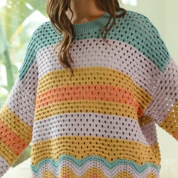 BiBi Crochet Vintage Granny Openwork Knit Long Sleeve Top Wavy Pullover Shirt