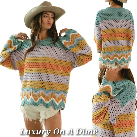 BiBi Crochet Vintage Granny Openwork Knit Long Sleeve Top Wavy Pullover Shirt