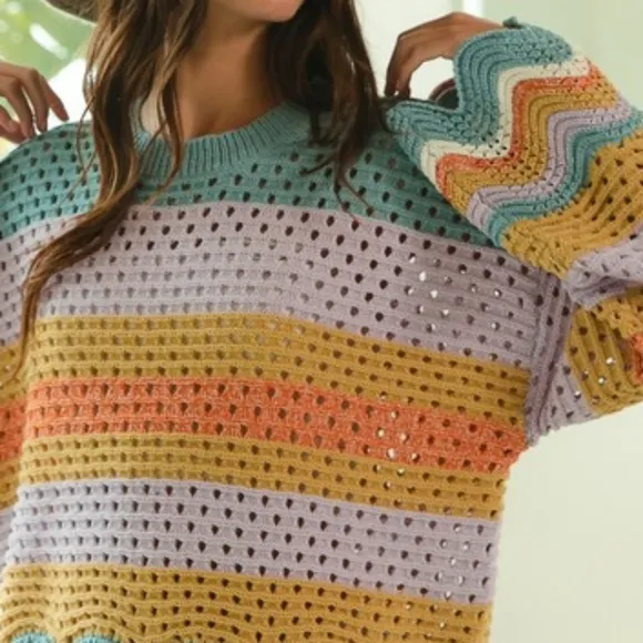 BiBi Crochet Vintage Granny Openwork Knit Long Sleeve Top Wavy Pullover Shirt