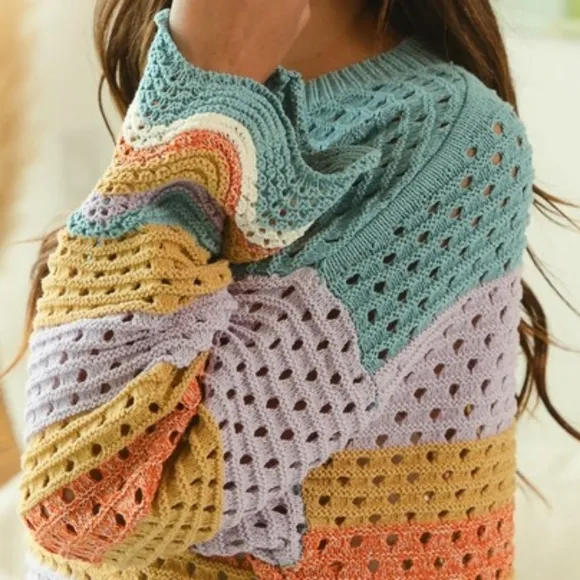 BiBi Crochet Vintage Granny Openwork Knit Long Sleeve Top Wavy Pullover Shirt