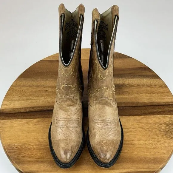 Big Kids‎ Old West Tan Brown Leather Classic Western Cowboy Boots Size 4 Y GUC