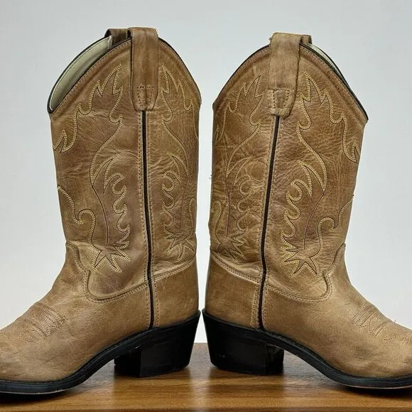 Big Kids‎ Old West Tan Brown Leather Classic Western Cowboy Boots Size 4 Y GUC