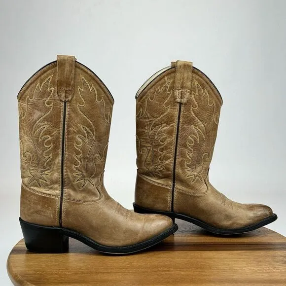 Big Kids‎ Old West Tan Brown Leather Classic Western Cowboy Boots Size 4 Y GUC