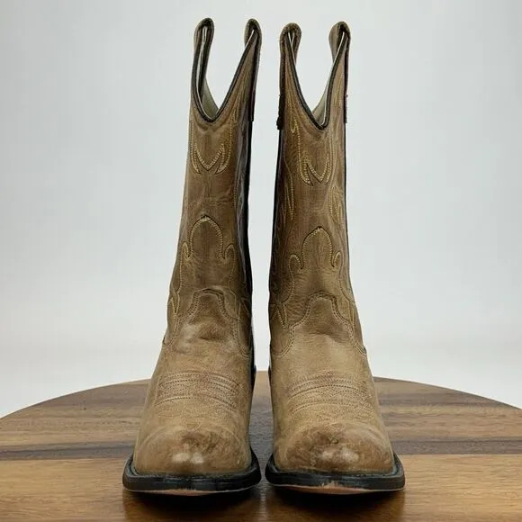 Big Kids‎ Old West Tan Brown Leather Classic Western Cowboy Boots Size 4 Y GUC