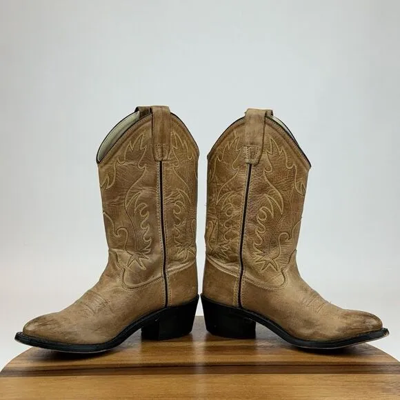Big Kids‎ Old West Tan Brown Leather Classic Western Cowboy Boots Size 4 Y GUC