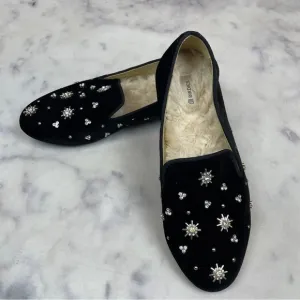 Birdies Starling Black Velvet Crystal Embellished Faux Fur Lined Flats