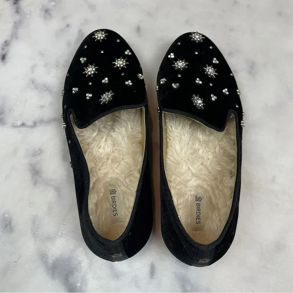 Birdies Starling Black Velvet Crystal Embellished Faux Fur Lined Flats