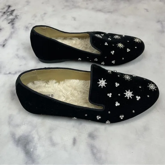 Birdies Starling Black Velvet Crystal Embellished Faux Fur Lined Flats