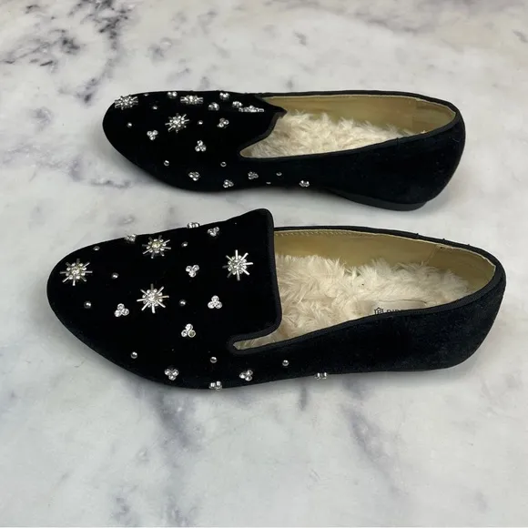Birdies Starling Black Velvet Crystal Embellished Faux Fur Lined Flats