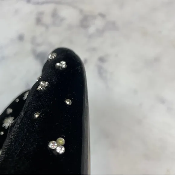 Birdies Starling Black Velvet Crystal Embellished Faux Fur Lined Flats