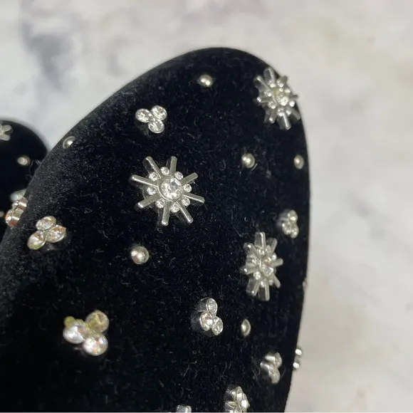 Birdies Starling Black Velvet Crystal Embellished Faux Fur Lined Flats