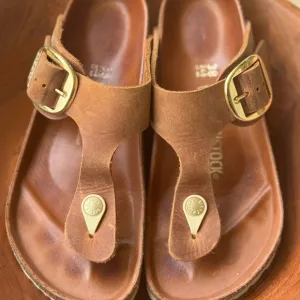Birkenstock Gizeh Big Buckle Leather Sandals Cognac Gold 7-7.5/38 regular/wide