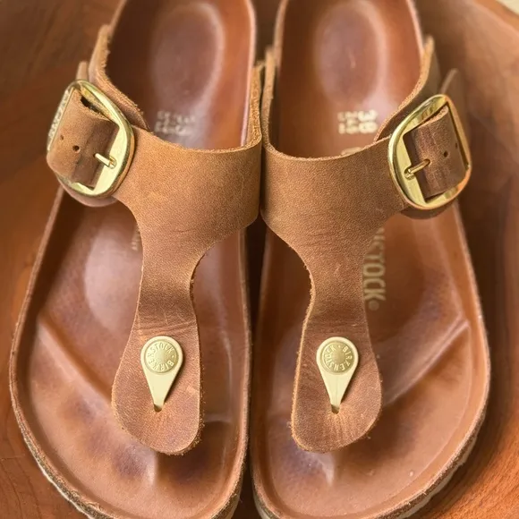 Birkenstock Gizeh Big Buckle Leather Sandals Cognac Gold 7-7.5/38 regular/wide