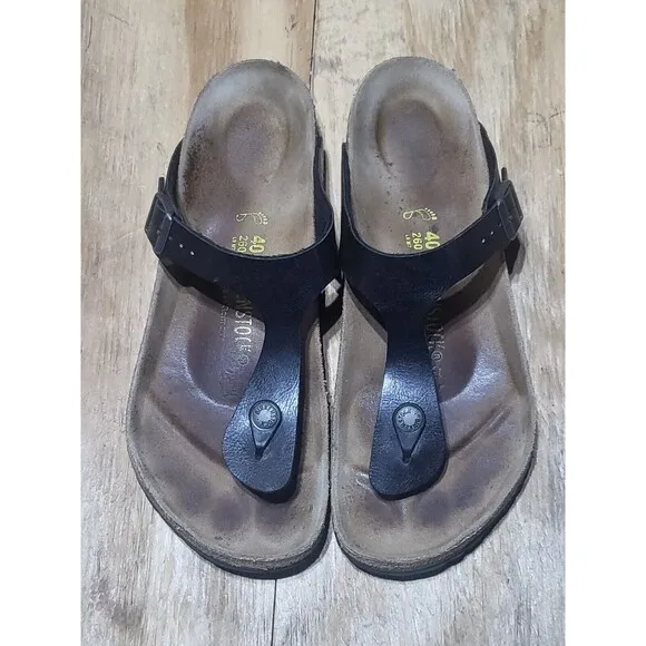 Birkenstock Gizeh thong soft footbed black leather sandals women's Sz 40 US 9