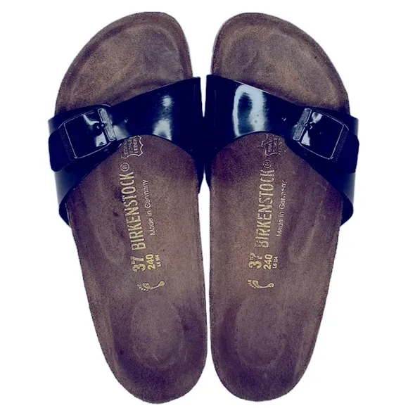 BIRKENSTOCK | Madrid Birko-Flor Black Patent Sandals Slip On Slides Shoes Flats