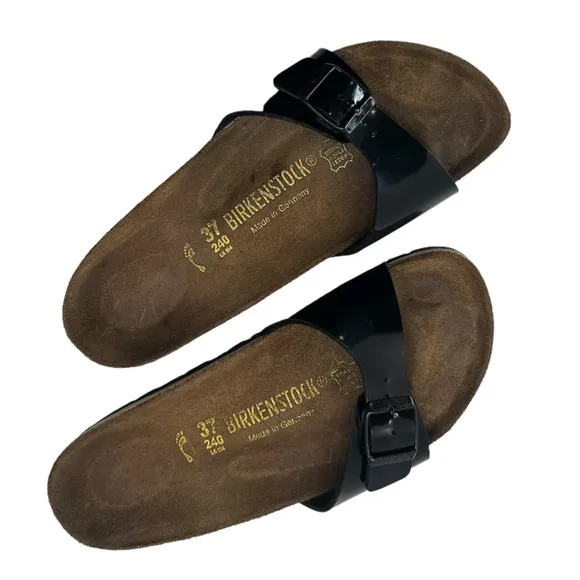 BIRKENSTOCK | Madrid Birko-Flor Black Patent Sandals Slip On Slides Shoes Flats