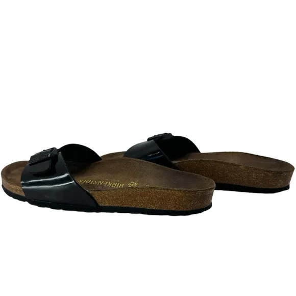 BIRKENSTOCK | Madrid Birko-Flor Black Patent Sandals Slip On Slides Shoes Flats