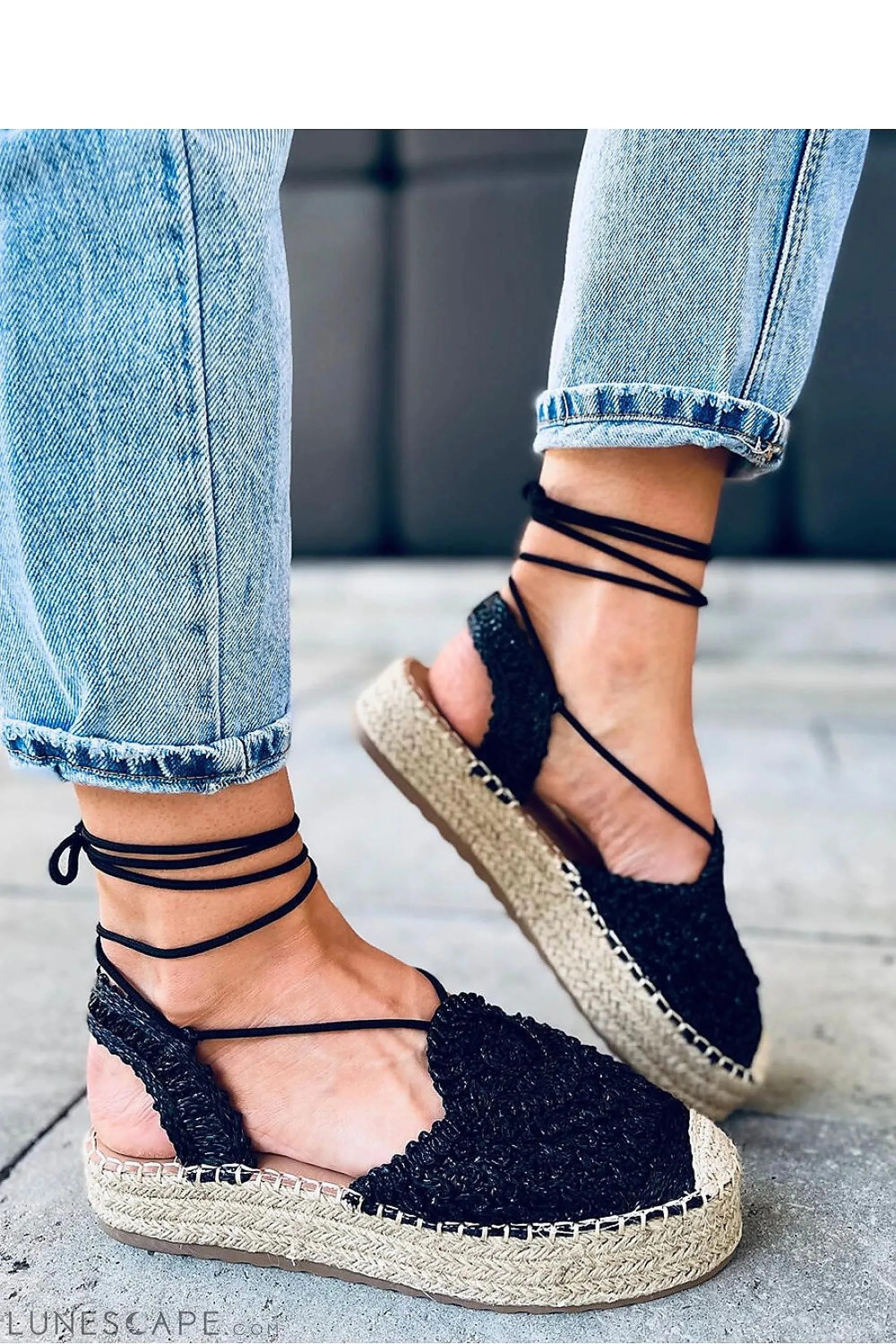 Black Crochet Lace-Up Platform Espadrilles with Woven Jute Sole