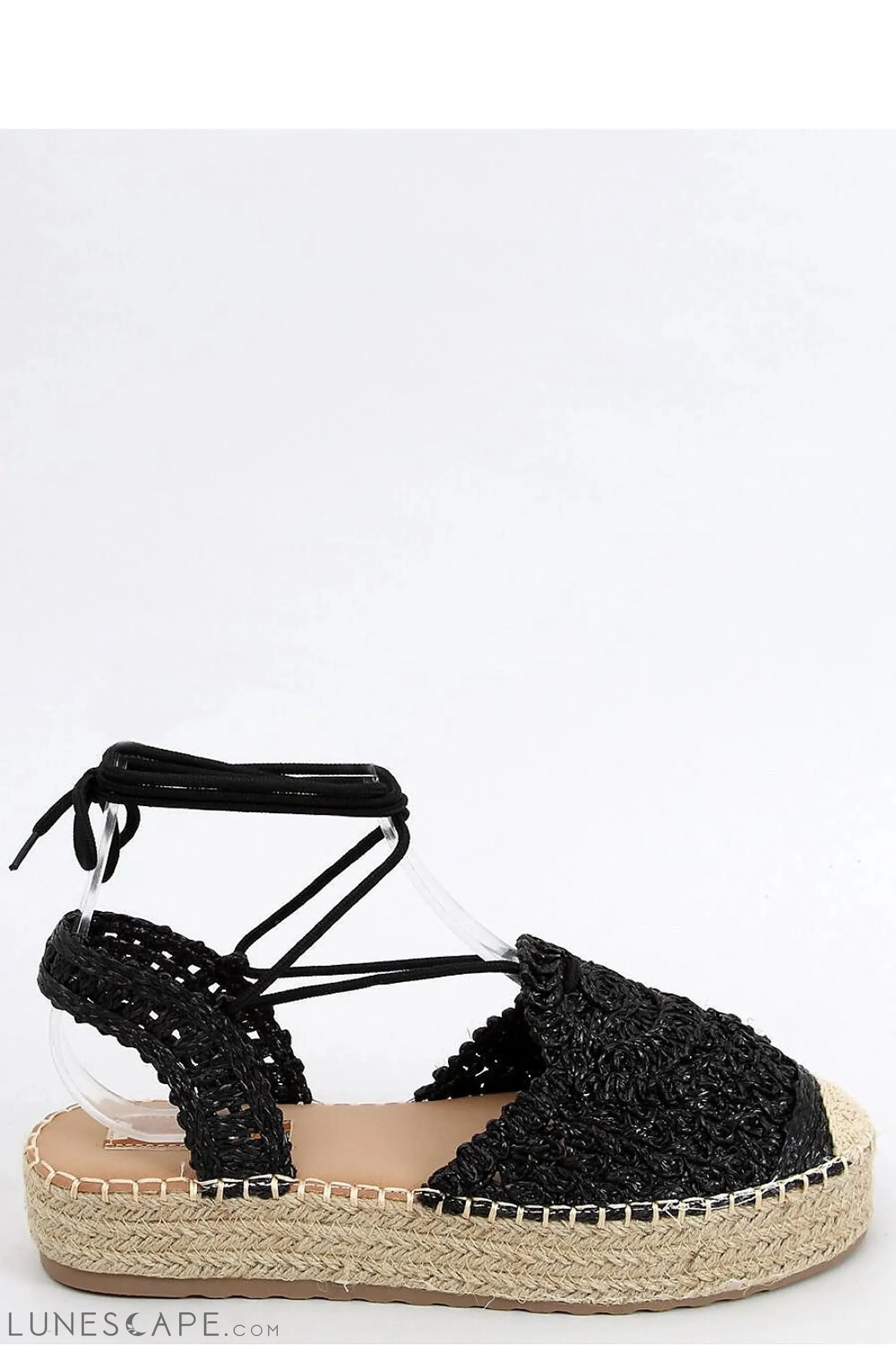 Black Crochet Lace-Up Platform Espadrilles with Woven Jute Sole