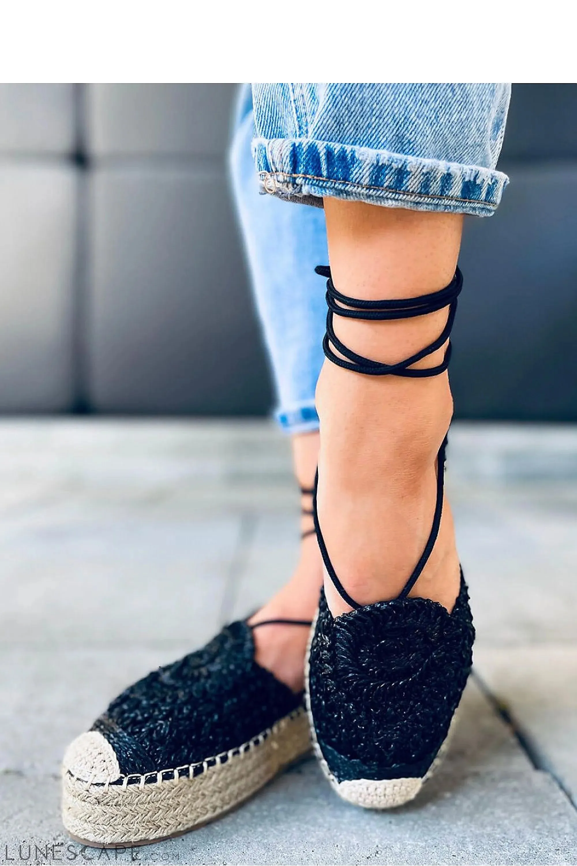 Black Crochet Lace-Up Platform Espadrilles with Woven Jute Sole