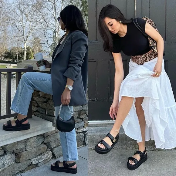 Black Double Velcro Straps Platform Sandals