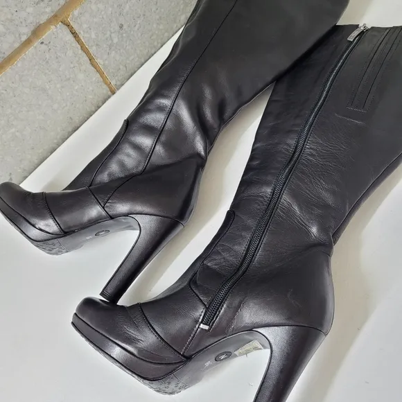 Black leather custom made DUO wide calf boots, 38/ 7.5