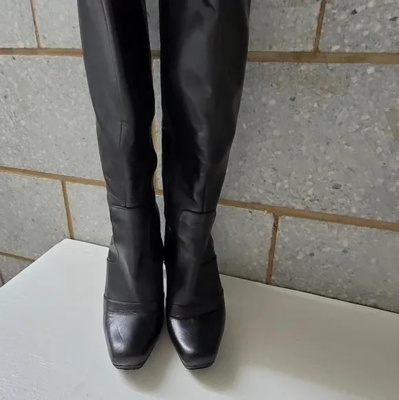 Black leather custom made DUO wide calf boots, 38/ 7.5