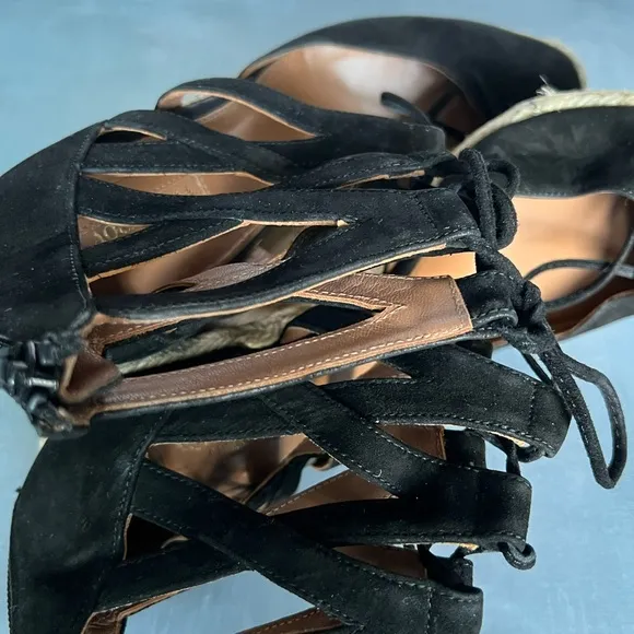 Black leather suede wedges espadrilles