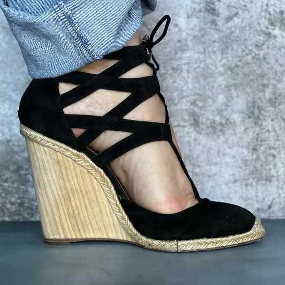 Black leather suede wedges espadrilles