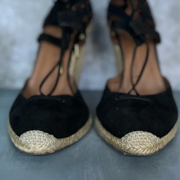 Black leather suede wedges espadrilles
