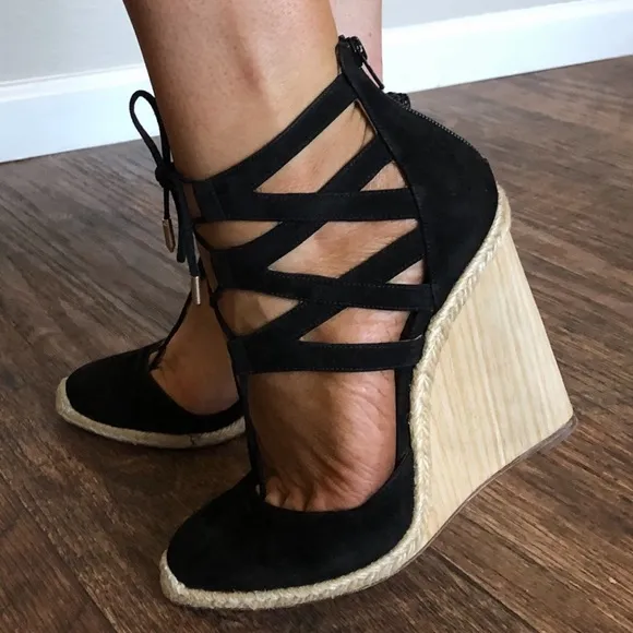 Black leather suede wedges espadrilles