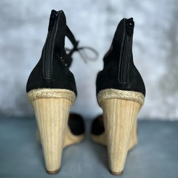 Black leather suede wedges espadrilles