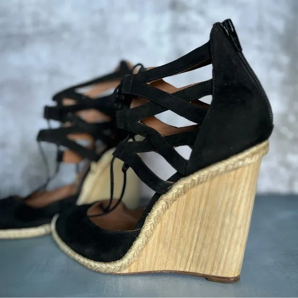 Black leather suede wedges espadrilles