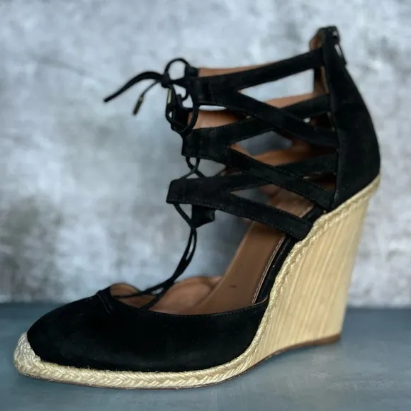 Black leather suede wedges espadrilles
