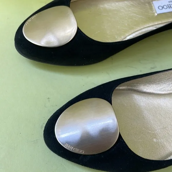 Black/gold Jimmy Choo suede leather flats