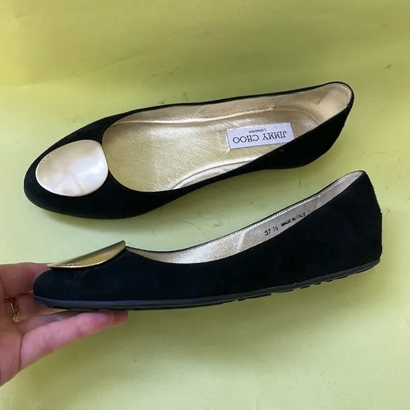 Black/gold Jimmy Choo suede leather flats
