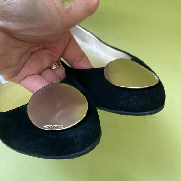 Black/gold Jimmy Choo suede leather flats
