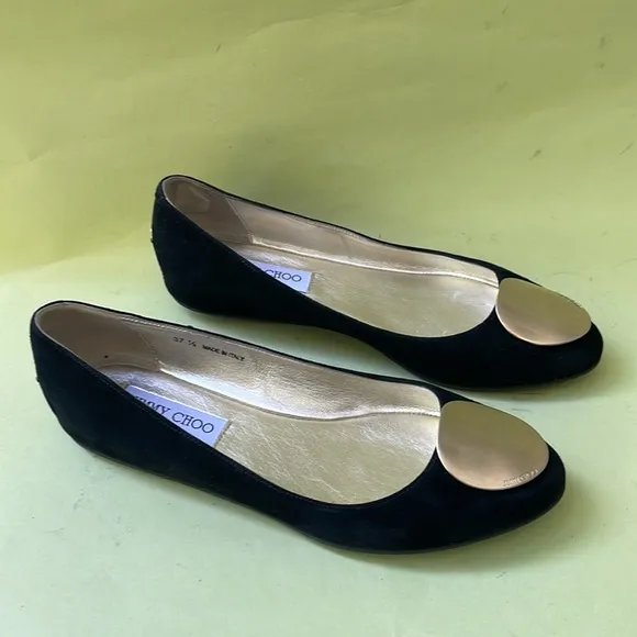 Black/gold Jimmy Choo suede leather flats
