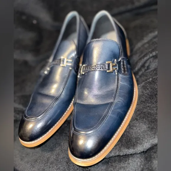 Blue and Brown Leather Slip-On Loafers with Horsebit Detail