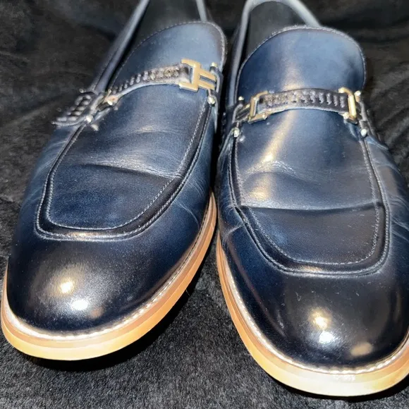 Blue and Brown Leather Slip-On Loafers with Horsebit Detail
