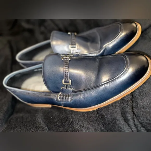 Blue and Brown Leather Slip-On Loafers with Horsebit Detail