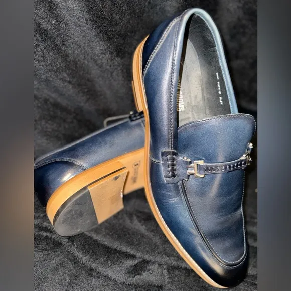 Blue and Brown Leather Slip-On Loafers with Horsebit Detail