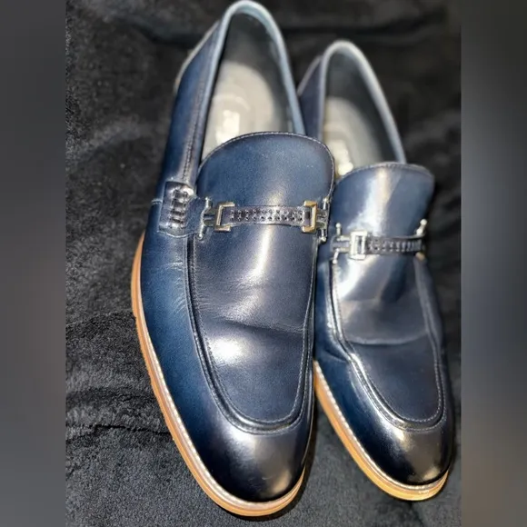 Blue and Brown Leather Slip-On Loafers with Horsebit Detail