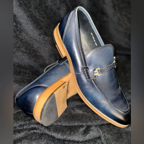 Blue and Brown Leather Slip-On Loafers with Horsebit Detail