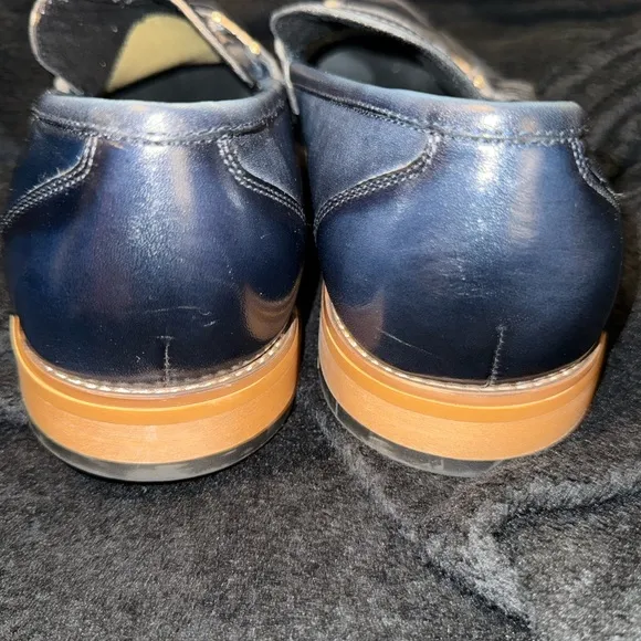 Blue and Brown Leather Slip-On Loafers with Horsebit Detail